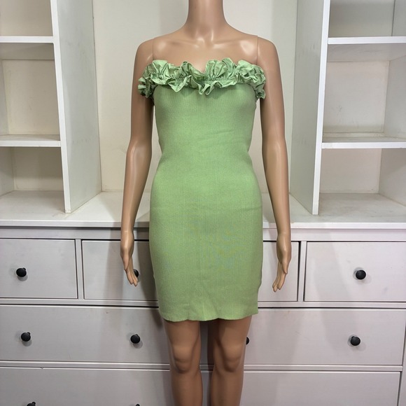 Dresses & Skirts - Green Ribbed Knit Strapless Ruffle Trim Mini Dress Womens M
